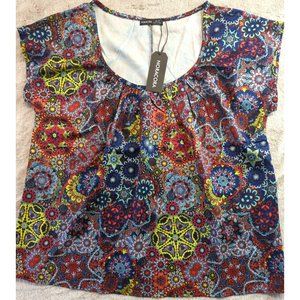 NWT Noracora Womens Geometric Floral Print Top Scoop Neck Short Sleeve Multi Siz